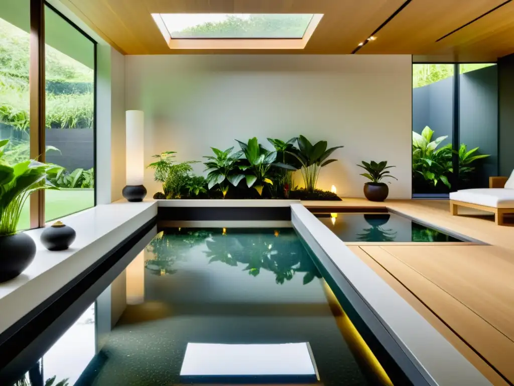 Innovaciones jardines acuáticos interiores: Un jardín acuático interior sereno y minimalista con plantas acuáticas y una piscina reflexiva, emitiendo armonía y paz