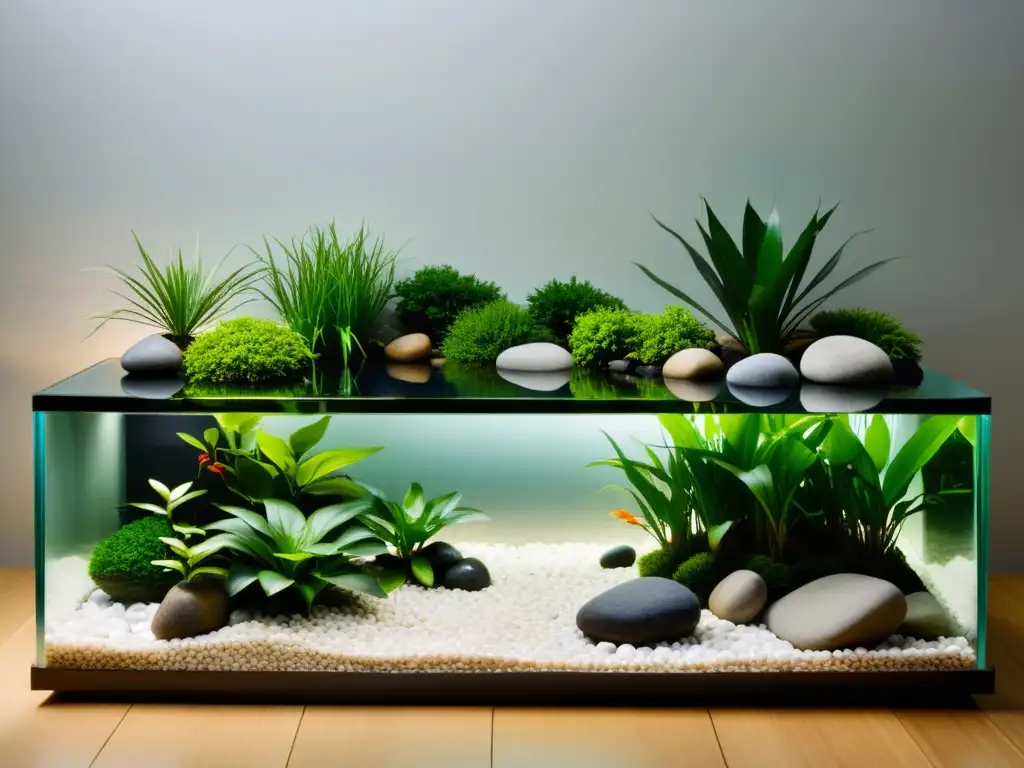 Innovaciones jardines acuáticos interiores: Un jardín acuático interior sereno y minimalista con un estanque tranquilo rodeado de piedras pulidas y plantas acuáticas de bajo mantenimiento, creando un oasis de calma en el espacio interior moderno