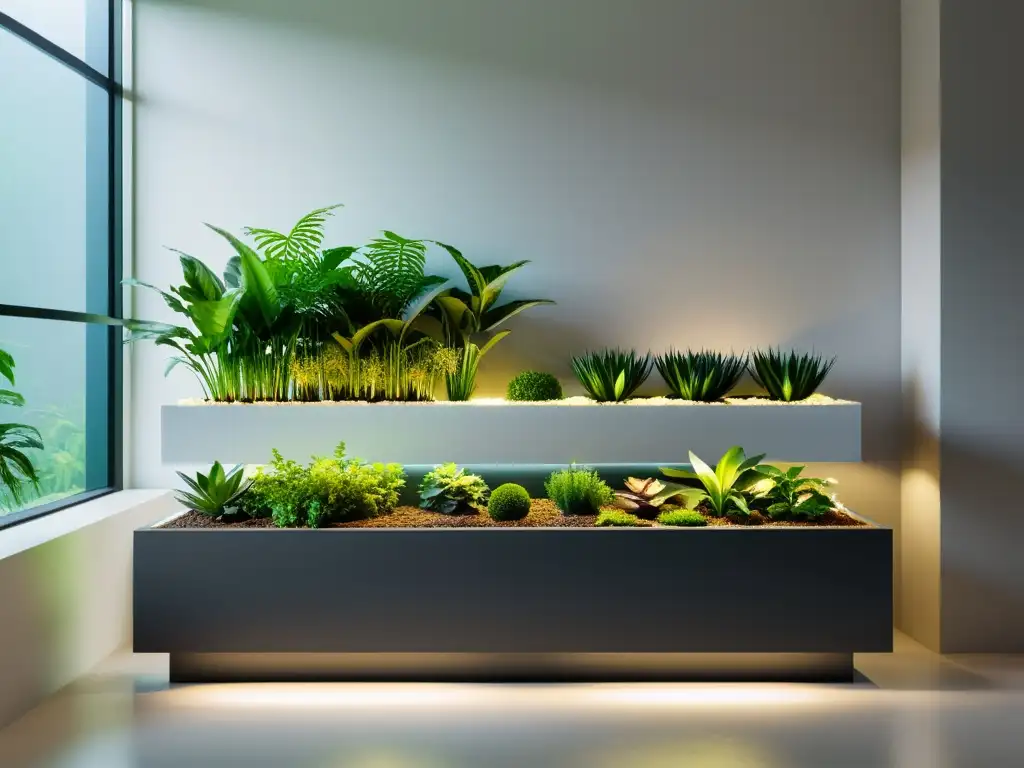 Innovaciones en jardinería de interior: Un diseño minimalista con innovadores maceteros y exuberantes plantas verdes, creando una fusión armoniosa entre tecnología y naturaleza