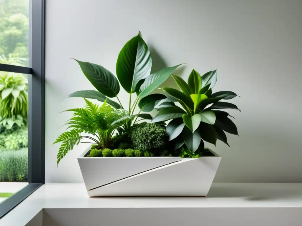 Innovaciones en jardinería de interior: elegante jardín minimalista con plantas verdes exuberantes en un moderno entorno blanco