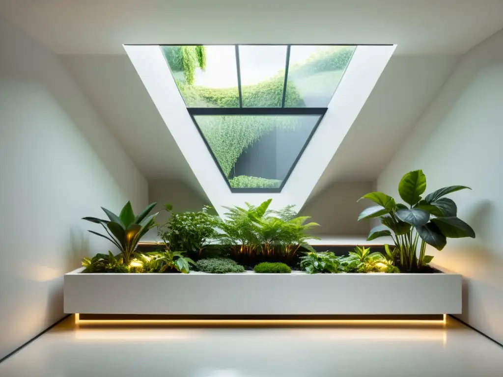 Innovaciones en jardinería de interior: un jardín moderno con plantas verdes en macetas geométricas, iluminado por luz natural