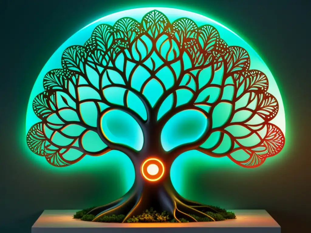 Innovaciones tecnológicas en bonsái: Detalle de un árbol digital con circuitos y luces LED entrelazados en sus ramas y hojas, fusionando naturaleza y tecnología en un arte innovador