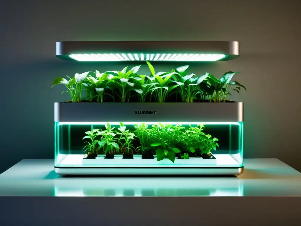 Innovaciones tecnológicas en jardinería interior: un jardín hidropónico futurista e integrado con iluminación LED, exudando sofisticación y eficiencia