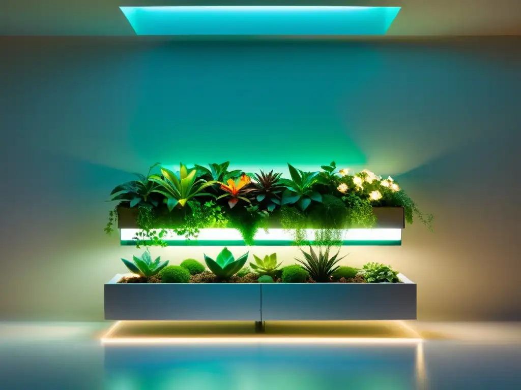 Innovaciones tecnológicas jardinería interior: Jardín interior minimalista con plantas vibrantes en macetas futuristas, bañado en luz etérea