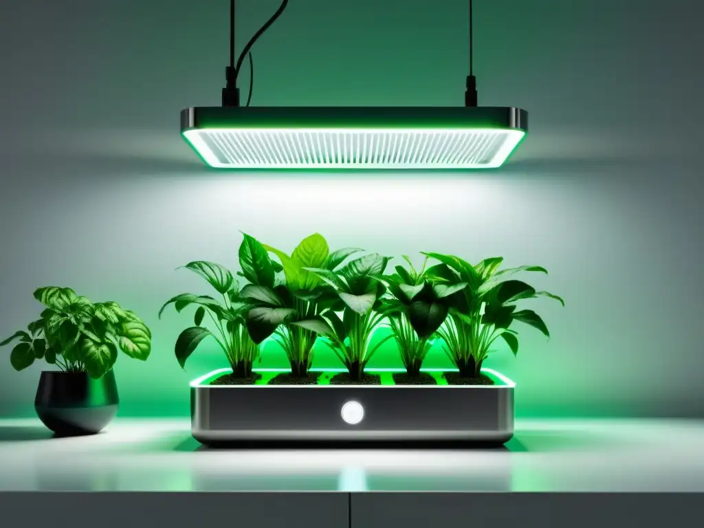 'Innovaciones tecnológicas jardinería interior: Jardín interior minimalista con sistema hidropónico vertical, luces LED y diseño moderno futurista