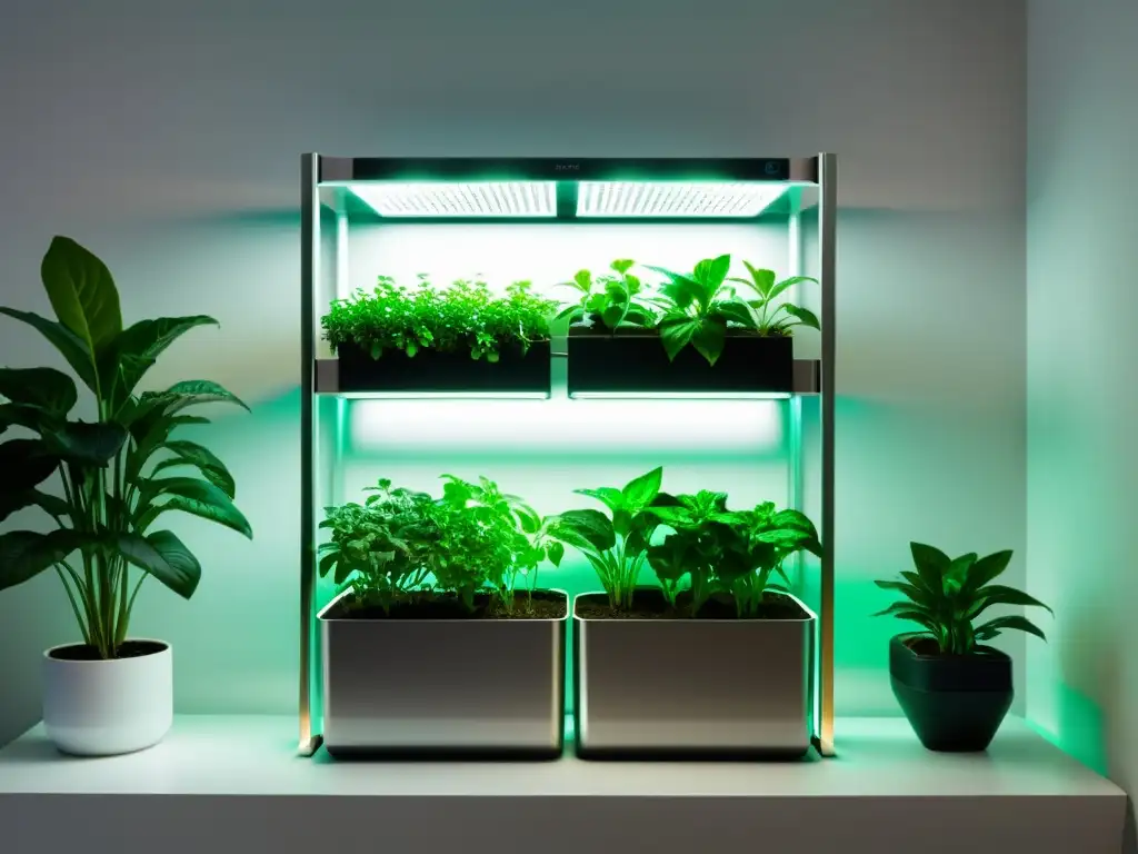 Innovaciones tecnológicas en jardinería interior: sofisticado sistema hidropónico con luces LED y plantas vibrantes en estantería metálica