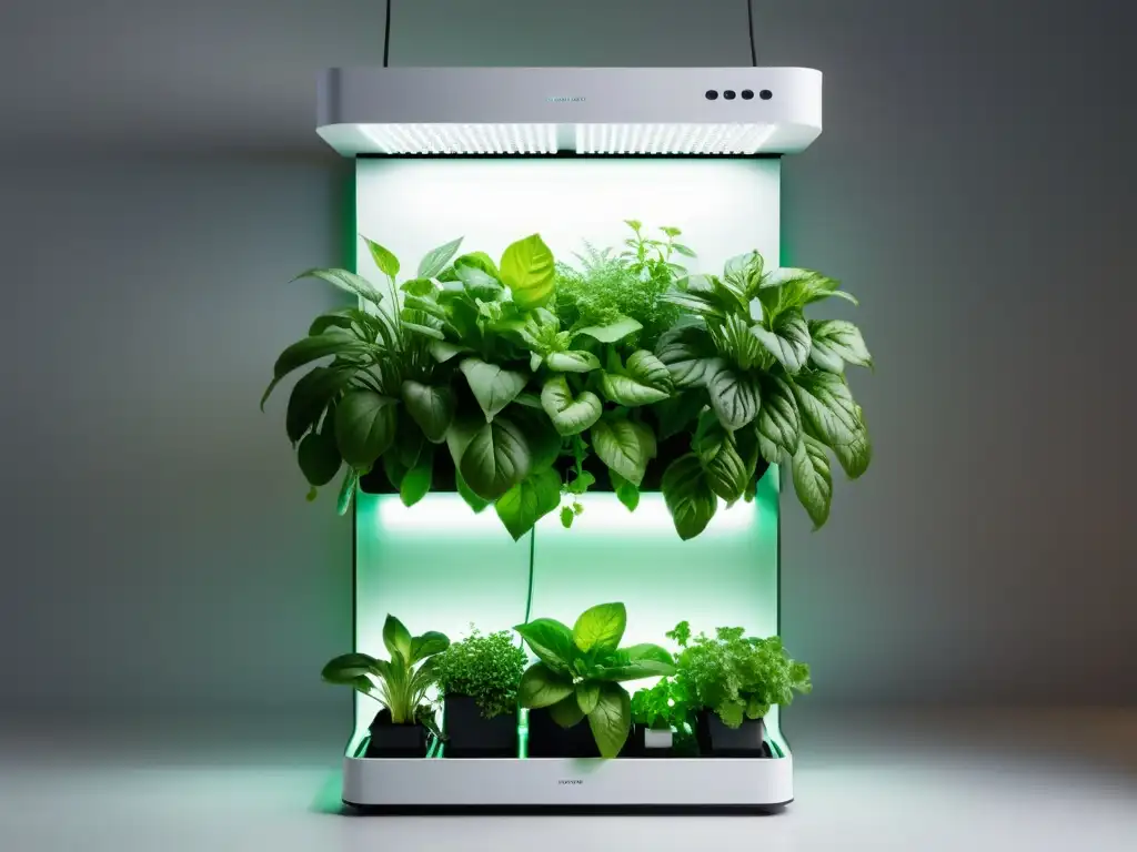 Innovaciones tecnológicas jardinería interior: Un jardín vertical hidropónico minimalista con hierbas y vegetales vibrantes, iluminados por LED suaves en un entorno limpio y blanco