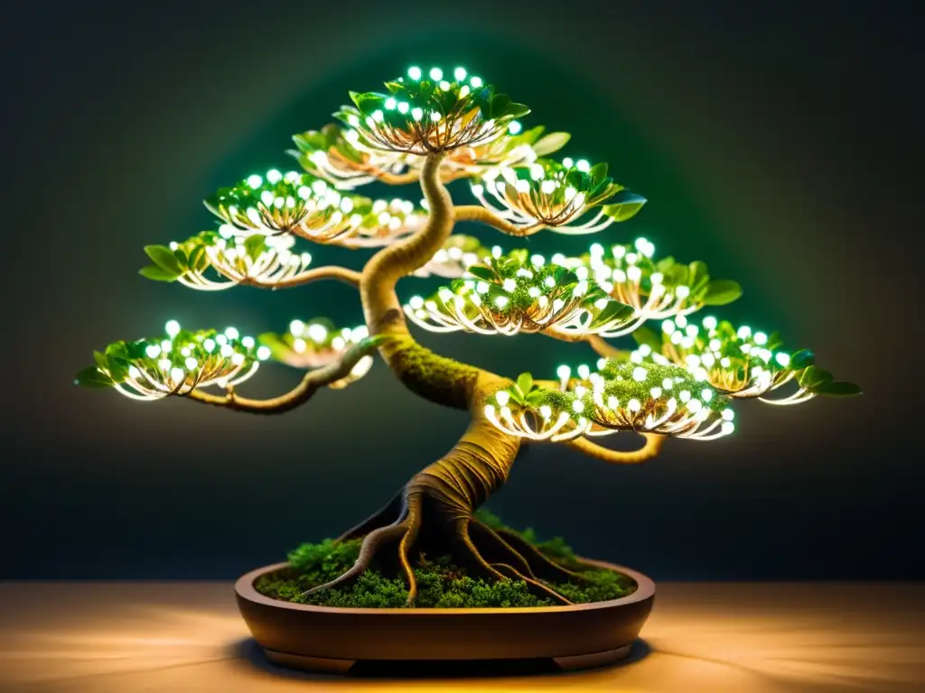 Innovaciones tecnológicas en bonsái: árbol con luces LED entrelazadas, creando un aura etérea y resaltando su belleza única