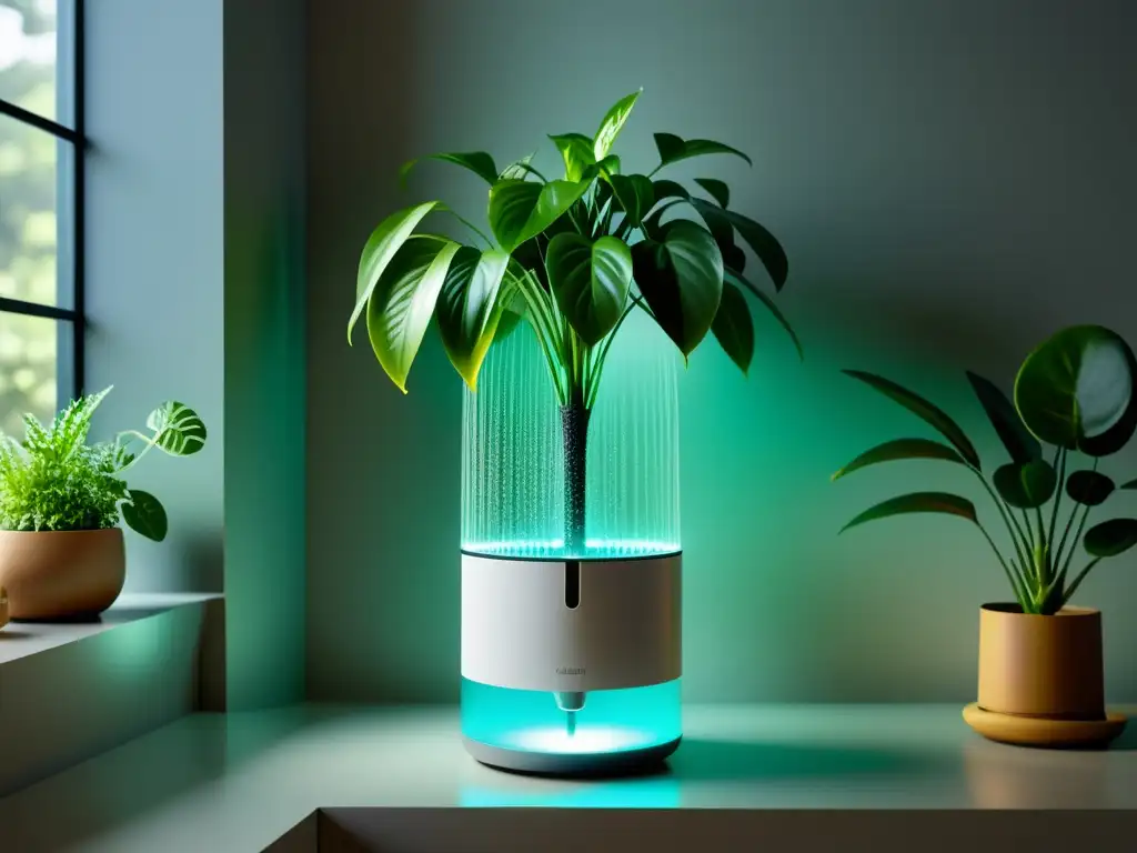 Un innovador sistema de riego para plantas de interior se integra perfectamente en un espacio minimalista, ofreciendo un cuidado preciso a cada planta