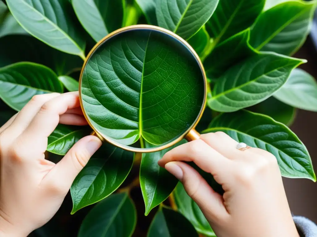 Inspección minuciosa de hojas de planta de interior bajo lupa