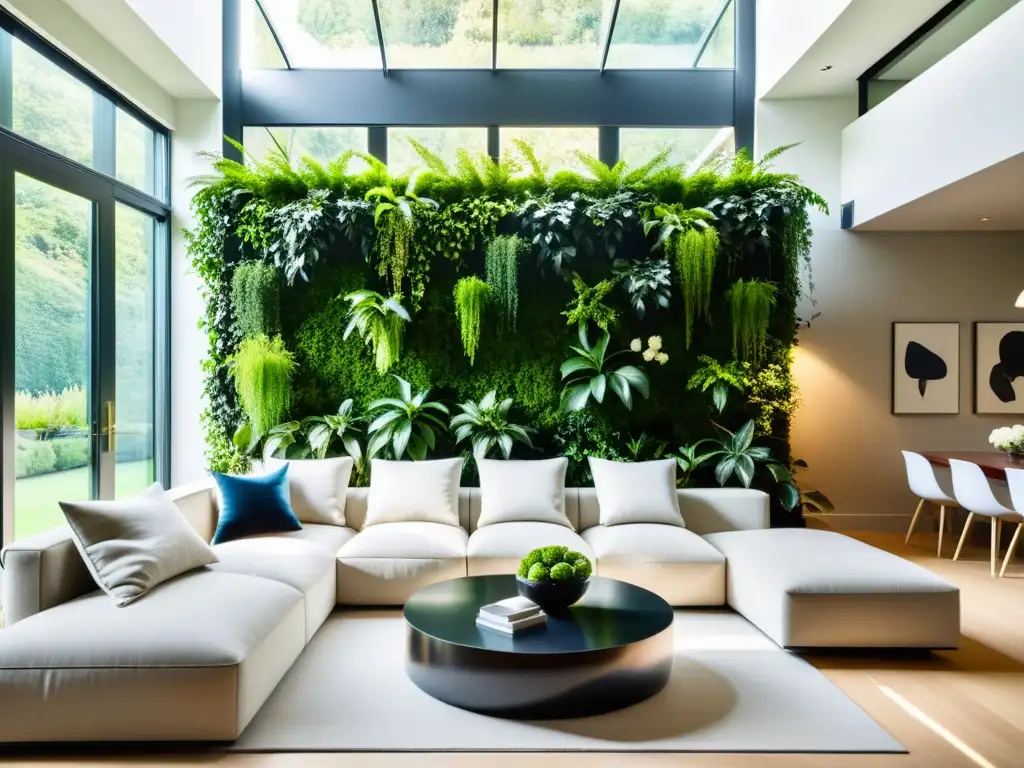 Integración en decoración con enredaderas: moderno salón con pared verde exuberante y mobiliario minimalista, bañado por luz natural