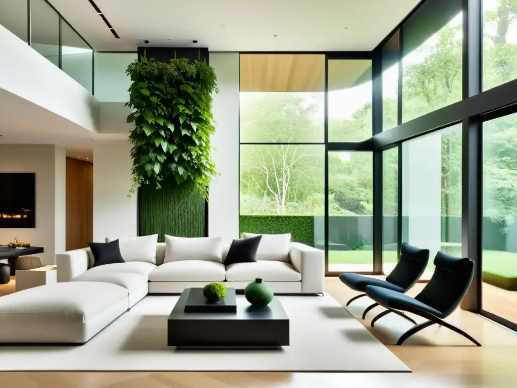 Integración en decoración con enredaderas: Sala moderna con enredaderas verdes en elegante contraste con el diseño minimalista y el arte abstracto