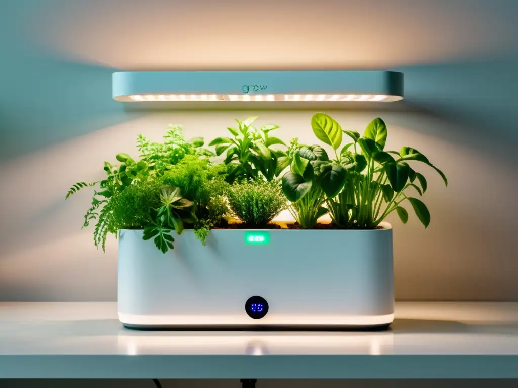 Un jardín interior inteligente con integración IoT, resaltando modernidad con plantas y tecnología