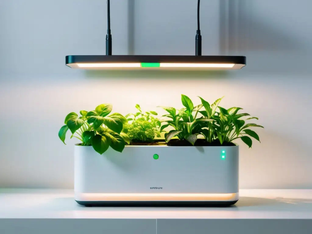 Un jardín hidropónico inteligente en interiores con diseño futurista, LED y plantas vibrantes