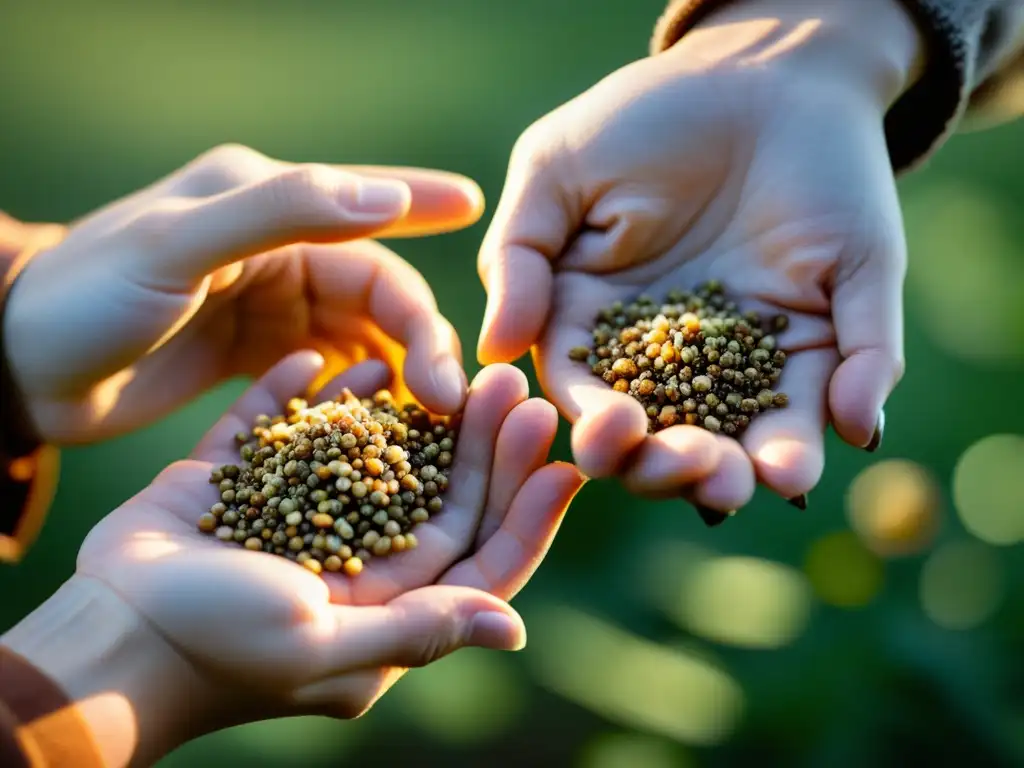 Un intercambio global de semillas de plantas de interior, con manos delicadas y semillas únicas en un fondo neutro