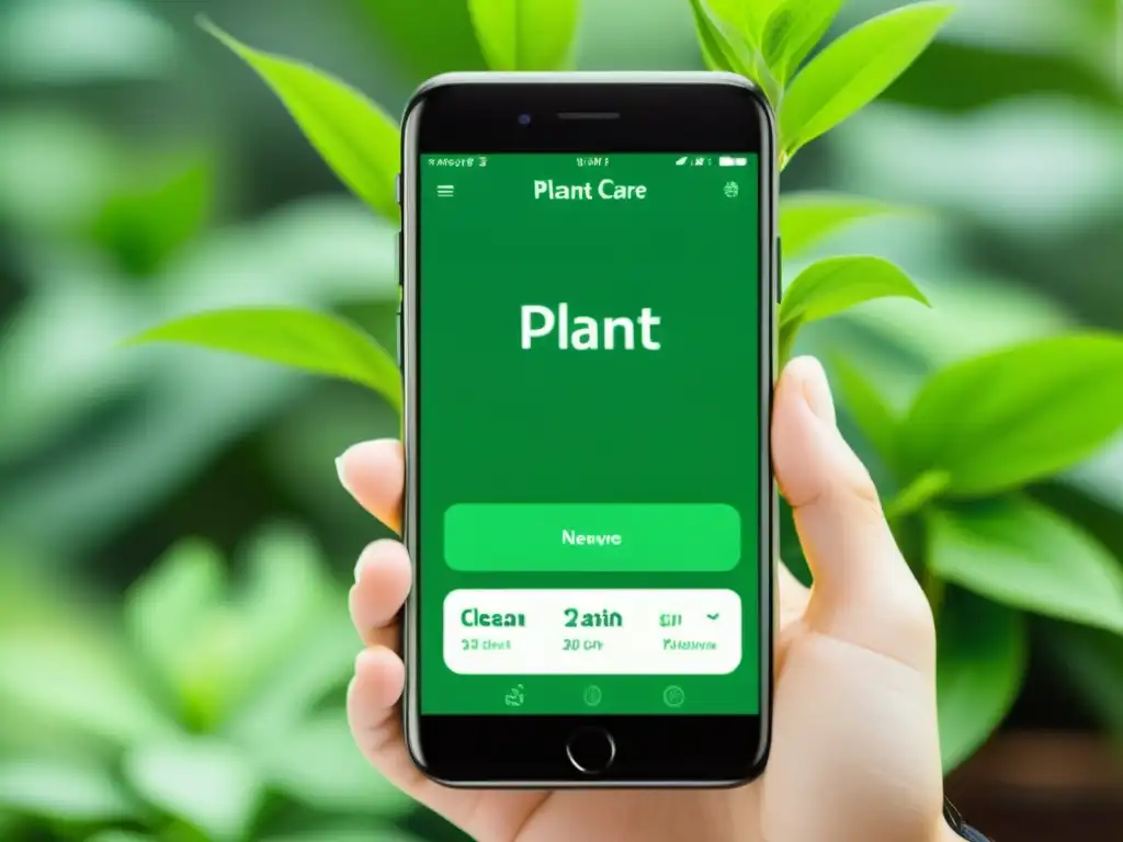 Interfaz de aplicación móvil para cuidado de plantas con ambiente sereno y exuberante vegetación, fusionando tecnología y naturaleza