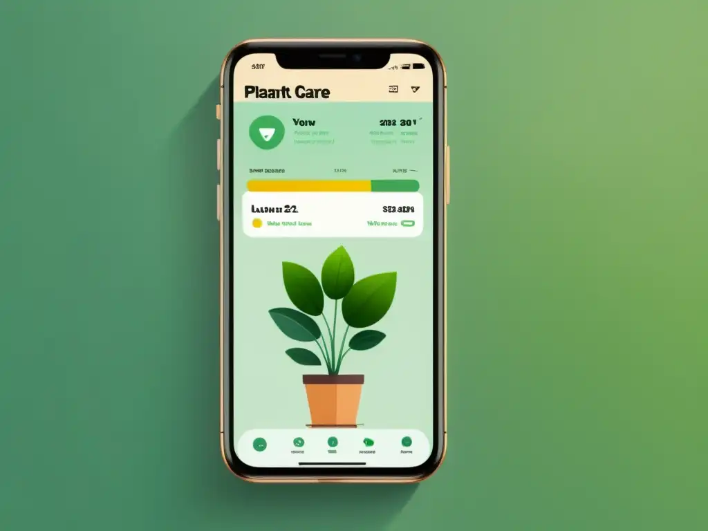 Interfaz moderna de aplicación móvil para cuidado de plantas, con ilustraciones vibrantes de plantas de interior y opciones intuitivas