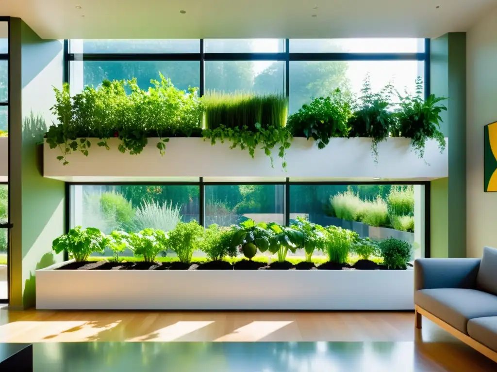 Un jardín de vegetales interior todo año, con plantas vibrantes en modernos maceteros geométricos, bañado por la luz del sol