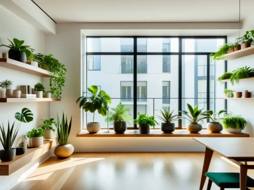 Interior de apartamento minimalista con las mejores plantas de interior para apartamentos, creando un ambiente sereno y contemporáneo