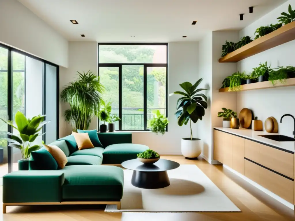 Interior de apartamento moderno con cuidado de plantas interior, armonía entre vegetación y diseño contemporáneo