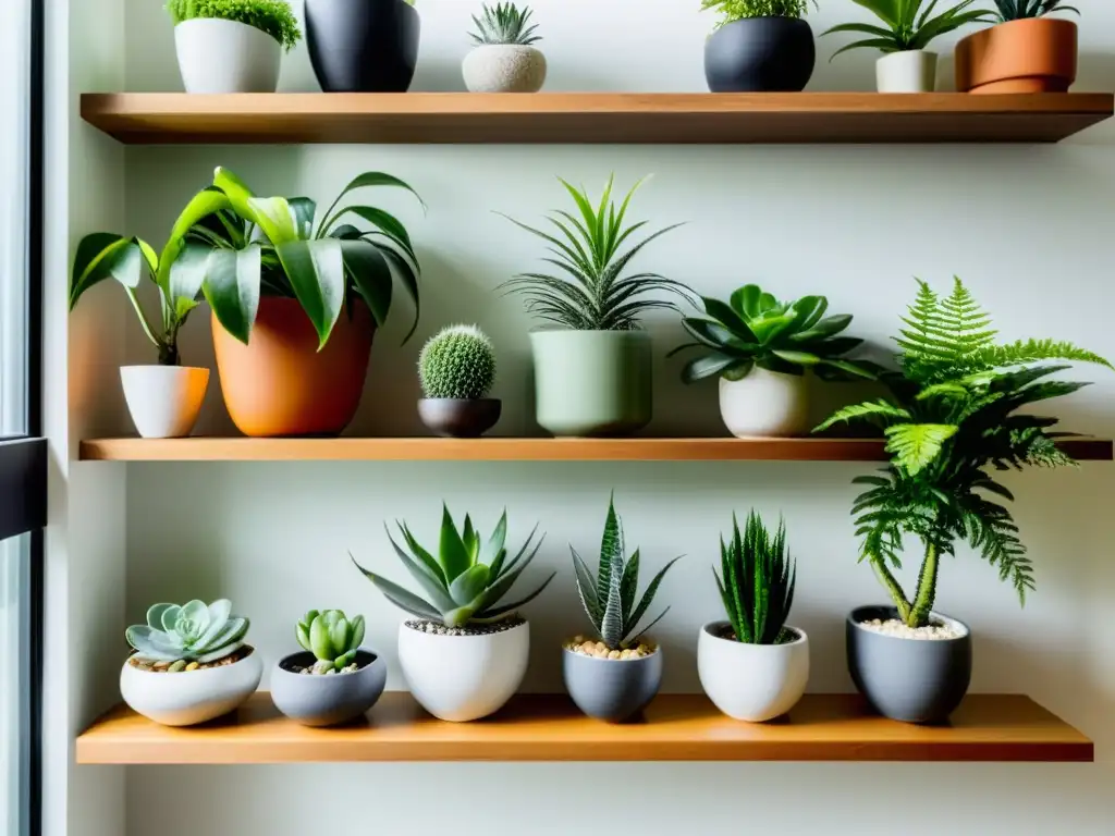 Un jardín interior en un apartamento pequeño, con plantas cuidadosamente dispuestas en estantes flotantes