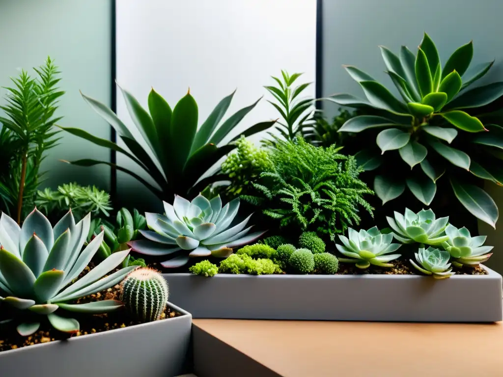 Fotografía de jardines de interior con suculentas y vegetación, creando una atmósfera serena y armoniosa en la composición de luz y sombra