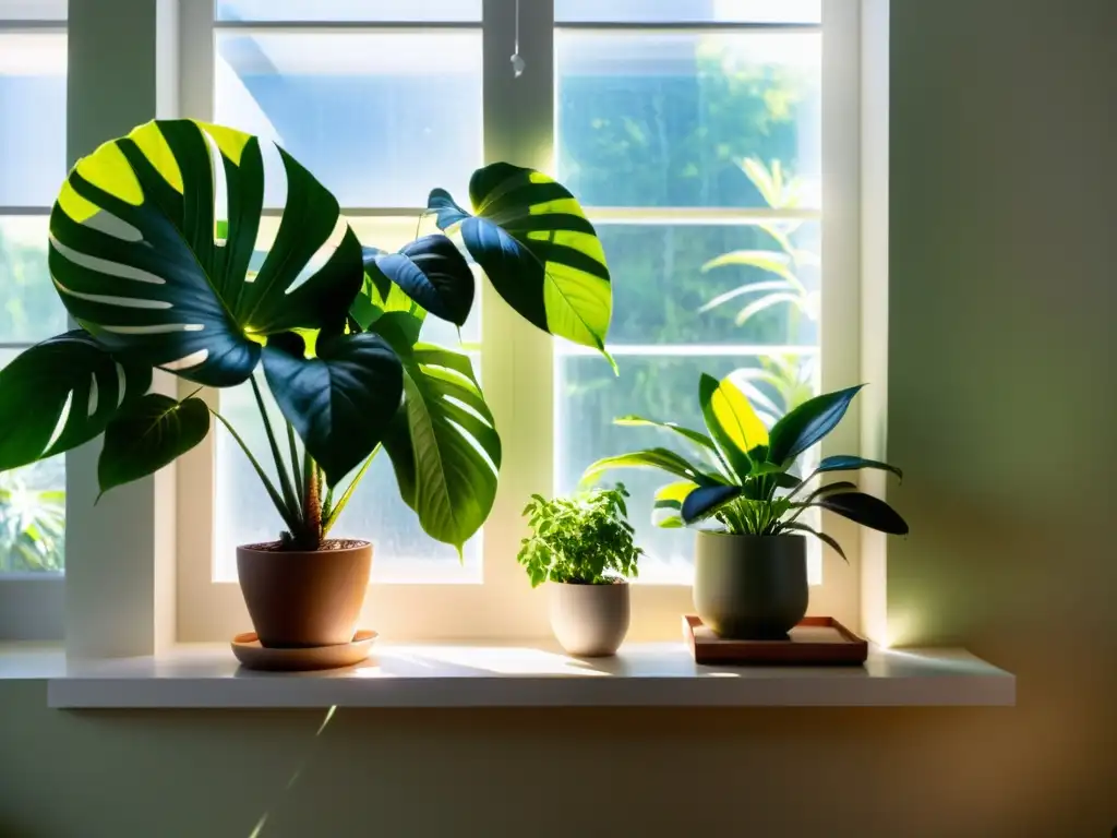 Un interior bañado por la luz natural resalta plantas saludables, creando un ambiente sereno