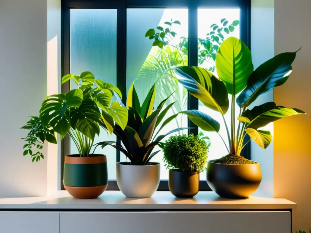 Un jardín interior bañado por el sol, con plantas exuberantes en macetas modernas