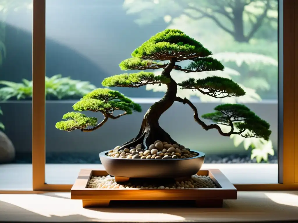 Un jardín interior de bonsáis cuidadosamente podados, con pequeñas piedras y una característica de agua tranquila