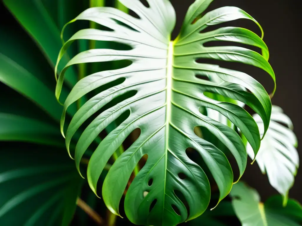 Una fotografía interior cuidado: Detalle de una exuberante hoja de monstera deliciosa, con patrones y texturas visibles, bañada en suave luz natural