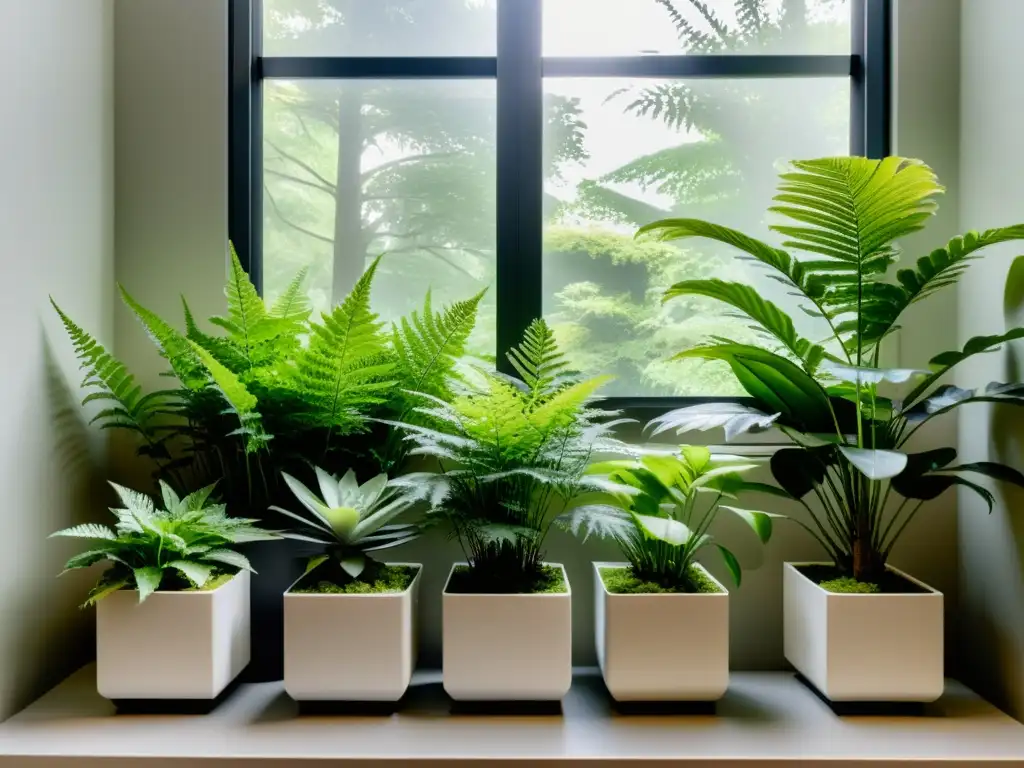 Un jardín interior cuidadosamente curado con plantas de clima frío en macetas modernas