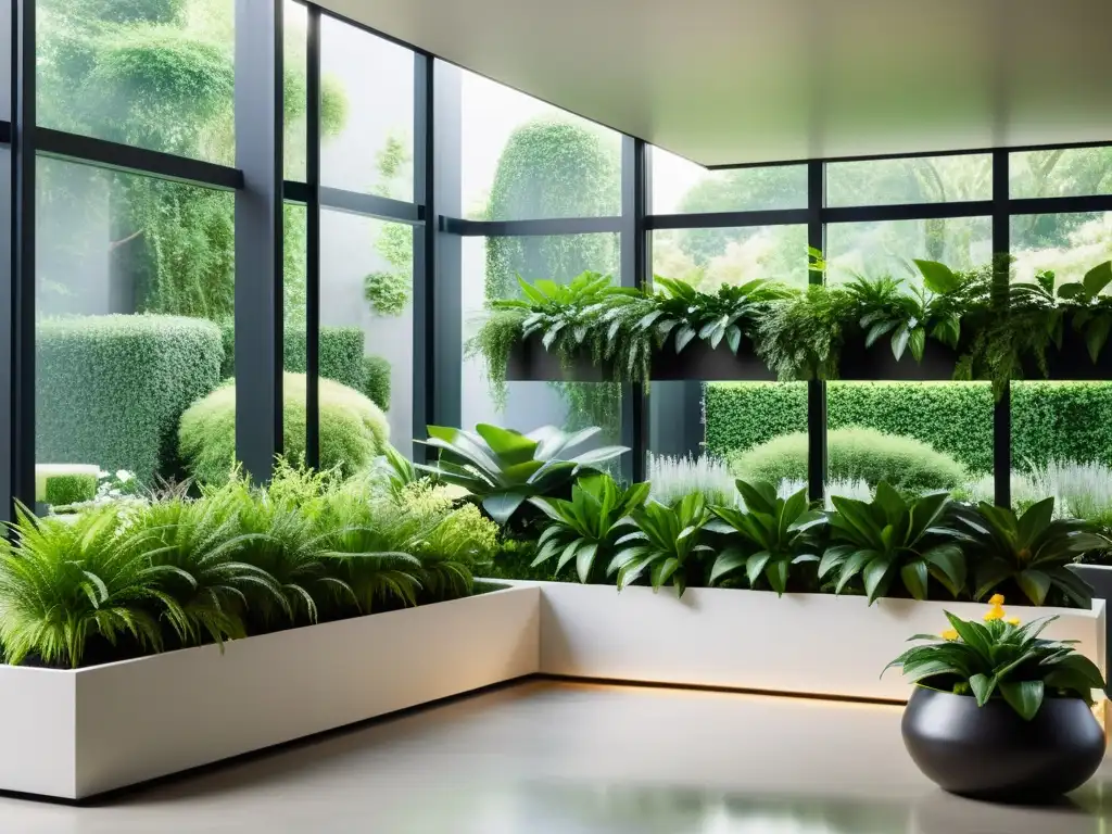 Un jardín interior exquisitamente diseñado con vegetación exuberante en macetas modernas