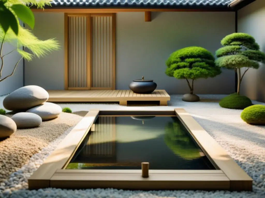 Un jardín zen interior cuidadosamente diseñado con rocas, plantas y un estanque sereno, evocando paz y contemplación