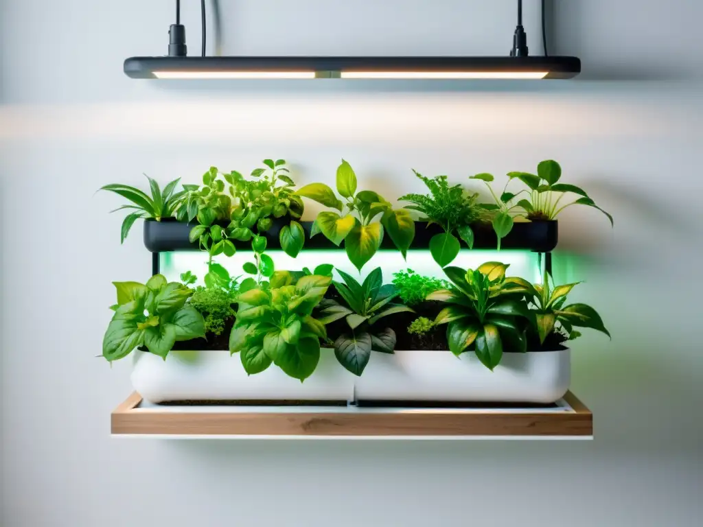 Un jardín hidropónico interior con diseño minimalista, plantas verdes vibrantes en estantes geométricos, iluminación suave y elegante