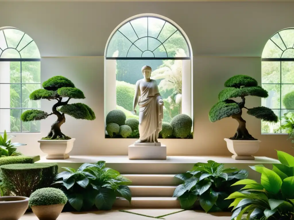 Un jardín interior elegante y minimalista con estatuas clásicas griegas y romanas entre exuberante vegetación