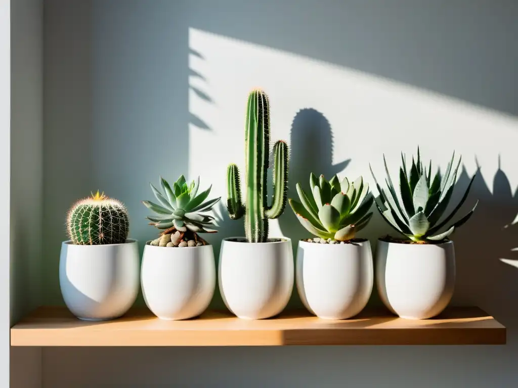 Jardín interior en espacios pequeños: armonía con suculentas y cactus en macetas blancas sobre estantes de madera