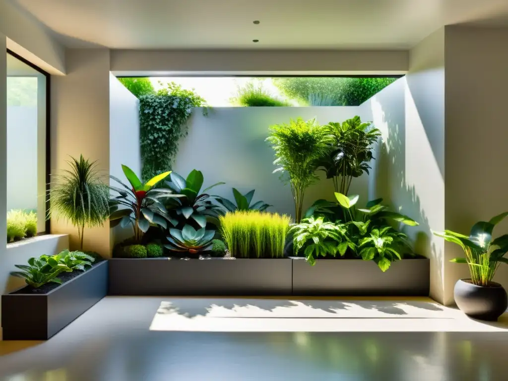 Jardín interior en espacios pequeños: oasis de calma con plantas verdes en macetas modernas, iluminado por suave luz solar