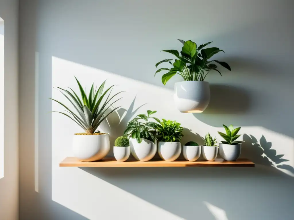 Un jardín interior en espacios pequeños con plantas verdes en macetas geométricas en estantes modernos blancos, iluminado por luz suave