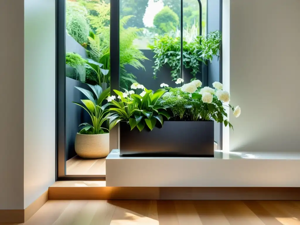 Un jardín interior en espacios pequeños, con plantas verdes vibrantes y flores blancas en un elegante macetero de metal negro