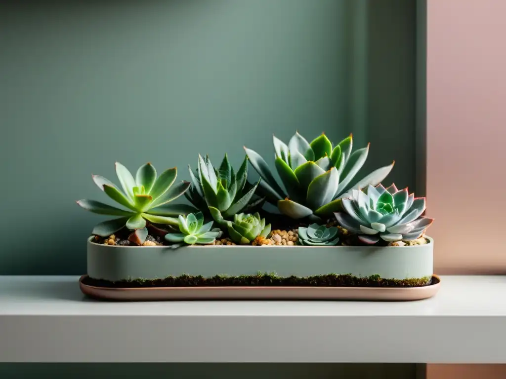 Un jardín de suculentas de interior en un estante moderno, mostrando la belleza del cuidado de suculentas de interior