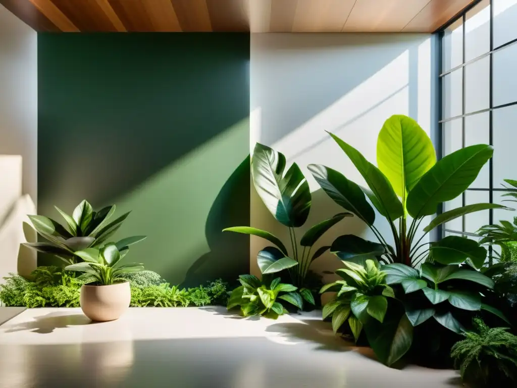 Un jardín interior exuberante bañado en luz natural, con plantas vibrantes destacándose en un entorno moderno y limpio