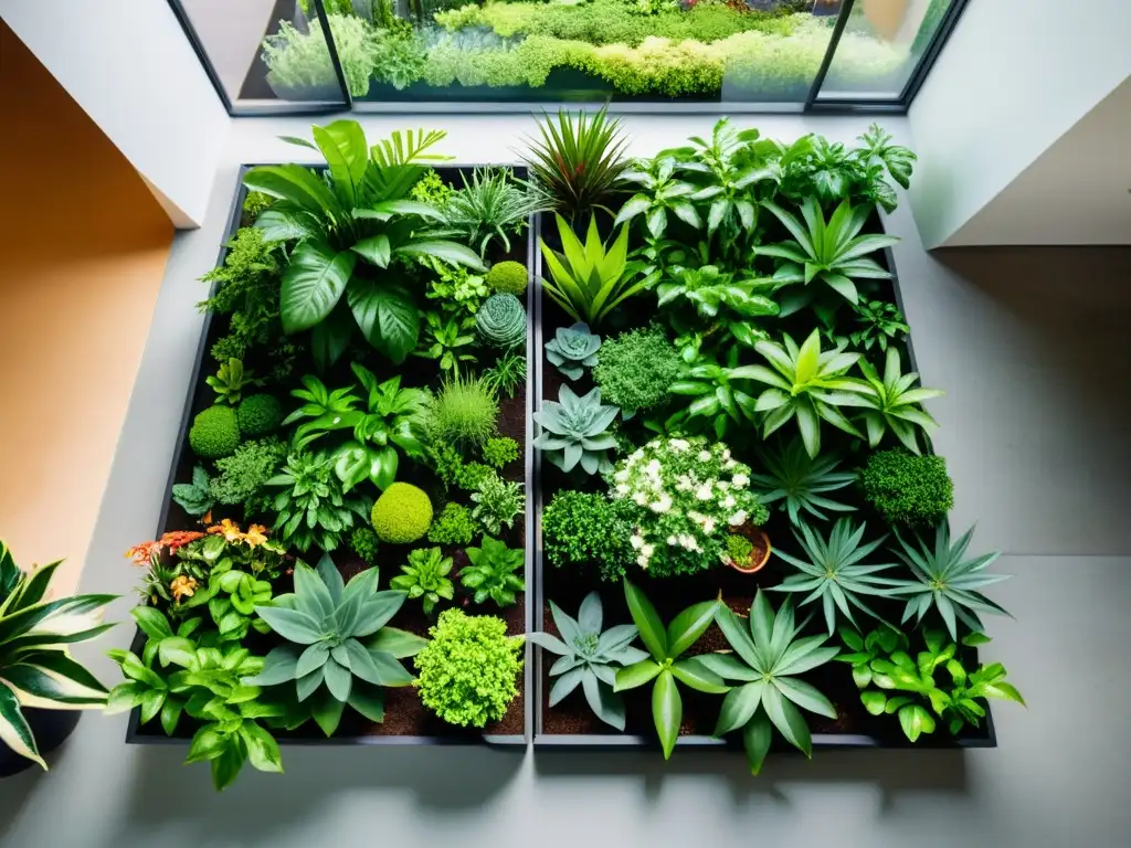 Un jardín interior exuberante capturado desde un dron, con cuidadosas plantas en macetas decorativas