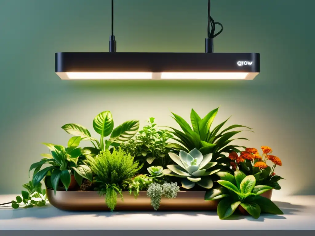 Un jardín interior exuberante iluminado por luces LED para plantas de interior, creando un ambiente sereno y vibrante