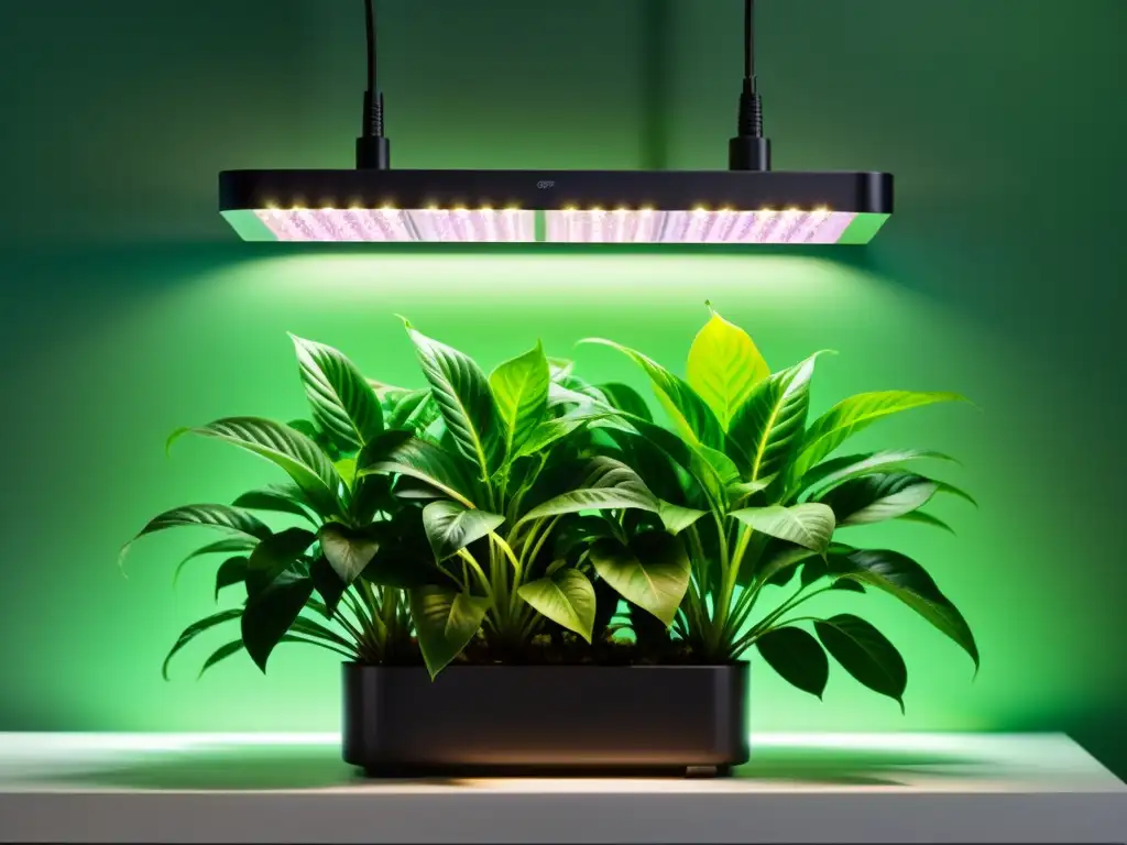 Un jardín interior exuberante iluminado por un panel LED minimalista, creando un ambiente acogedor