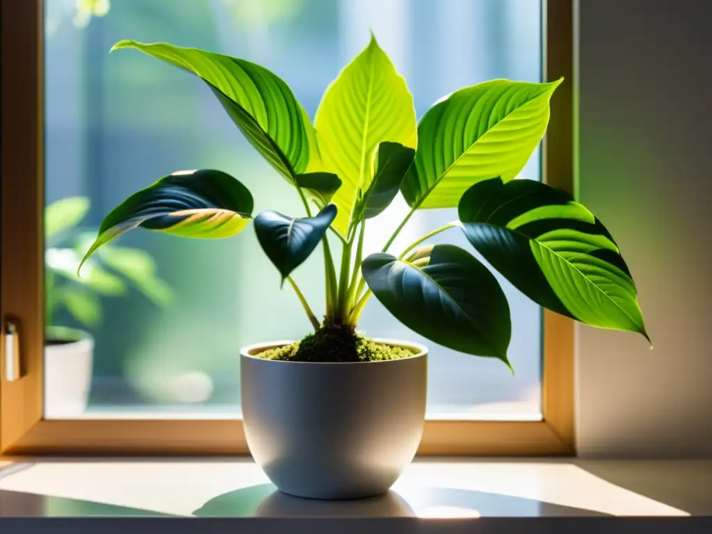 Planta interior exuberante en maceta moderna en la ventana con luz brillante