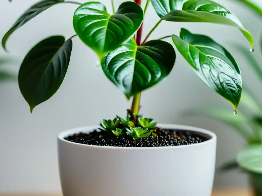 Planta interior exuberante en maceta moderna con Bokashi, reflejando los beneficios del Bokashi para plantas en un entorno elegante y minimalista