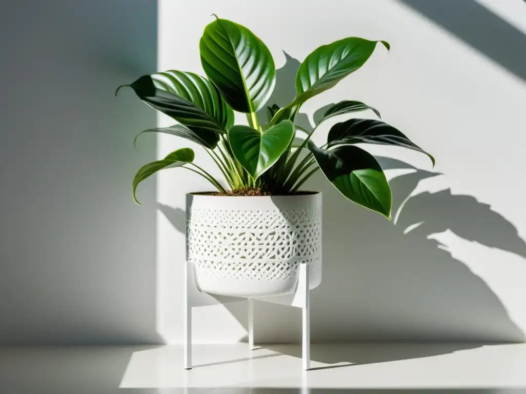 Planta interior exuberante en soporte blanco, iluminada por suave luz solar