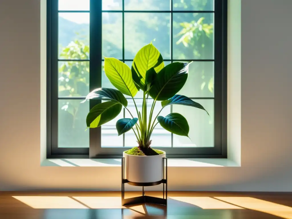 Planta interior exuberante en soporte moderno cerca de ventana soleada, protección plantas interior extremos climáticos