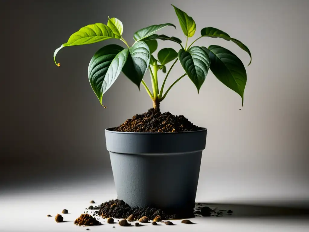 Planta interior con hojas marchitas y suelo encharcado