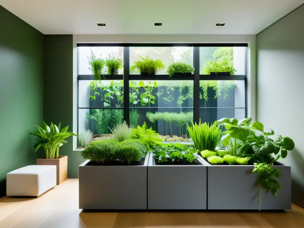 Un jardín interior bien iluminado con cultivo de vegetales todo año en elegantes maceteros